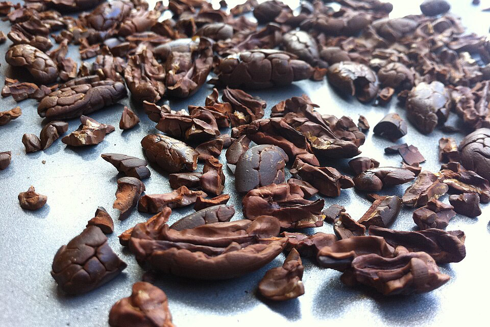 A close-up, high-angle shot of dark, roasted cocoa nibs scattered across a grey surface, showing their irregular, crunchy, and chalky texture.